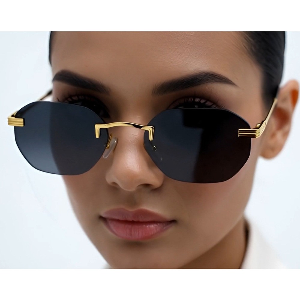 Sunglasses Women Round Gold Frameless Black Lens UV400‎ Protection Luxury Style